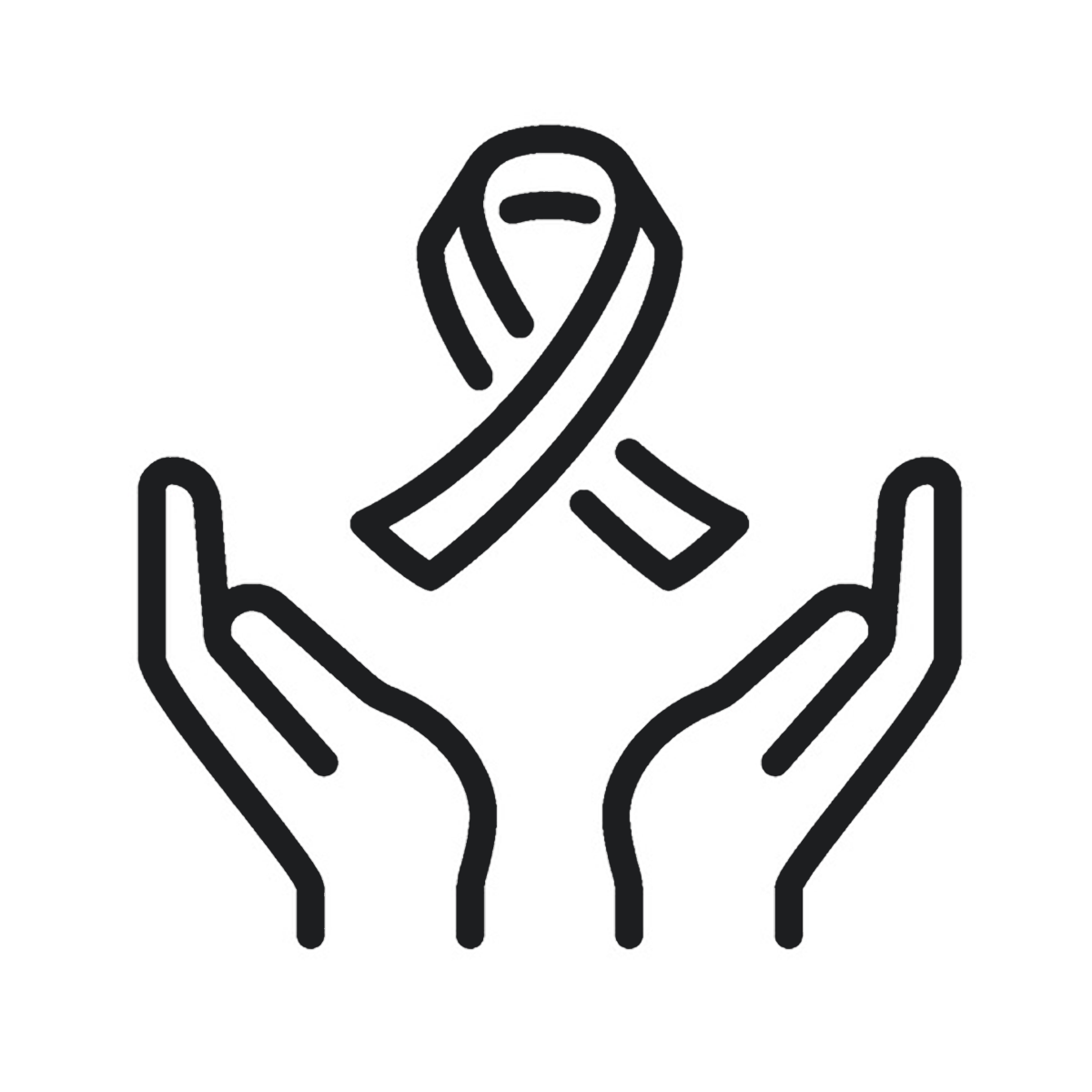 Line drawing of hands holding up a cancer ribbon 